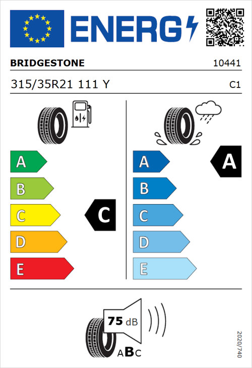 Tyre Label for Bridgestone Dueler H/P Sport 315/35R21 111Y