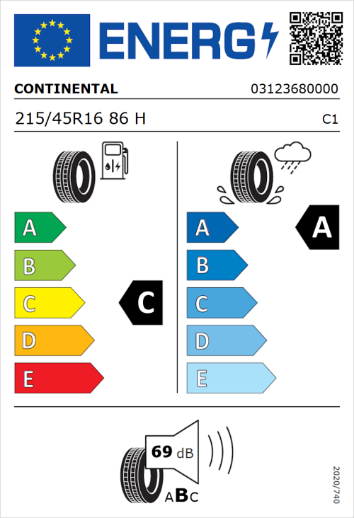 Tyre Label for Continental UltraContact 6 215/45R16 86H