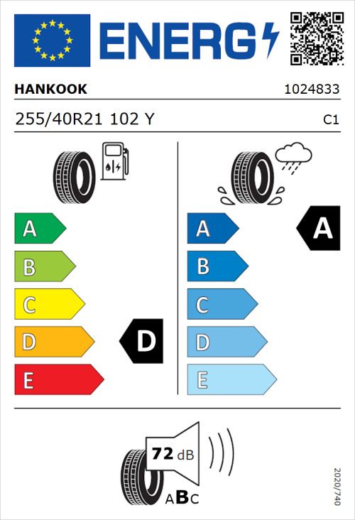 Tyre Label for Hankook K129 Ventus S1 Evo 255/40R21 102Y