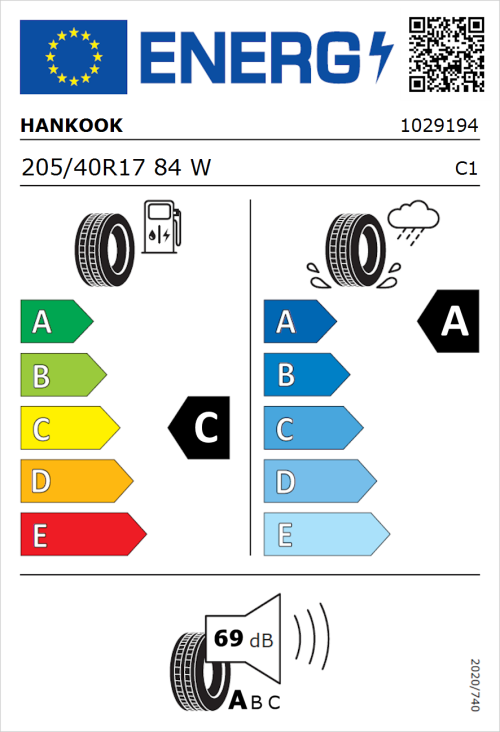 Tyre Label for Hankook Ventus Prime 4 (K135) 205/40R17 84W