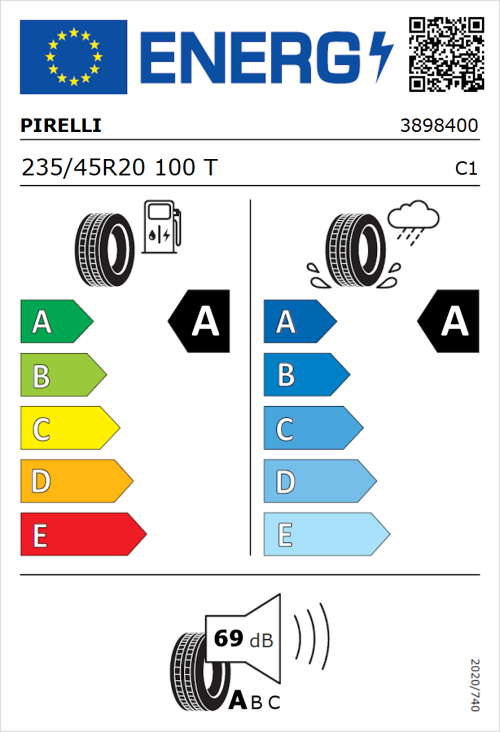 Tyre Label for Pirelli Cinturato P7 (P7C2) 235/45R20 100T