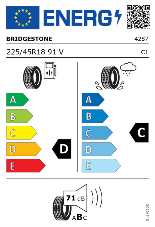 Tyre Label for Bridgestone Dueler H/P Sport 225/45R18 91V