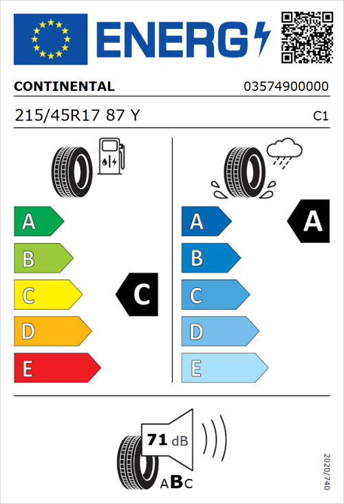 Tyre Label for Continental PremiumContact 6 215/45R17 87Y